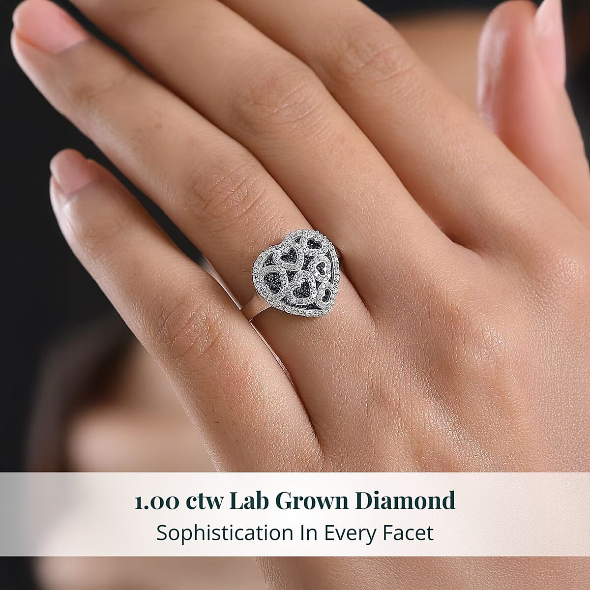 Luxuriant Lab Grown Blue Diamond (IR) and Lab Grown White Diamond (SI) 1.00 ctw Matrix Heart Ring in Rhodium Over Sterling Silver (Size 9.0) image number 1