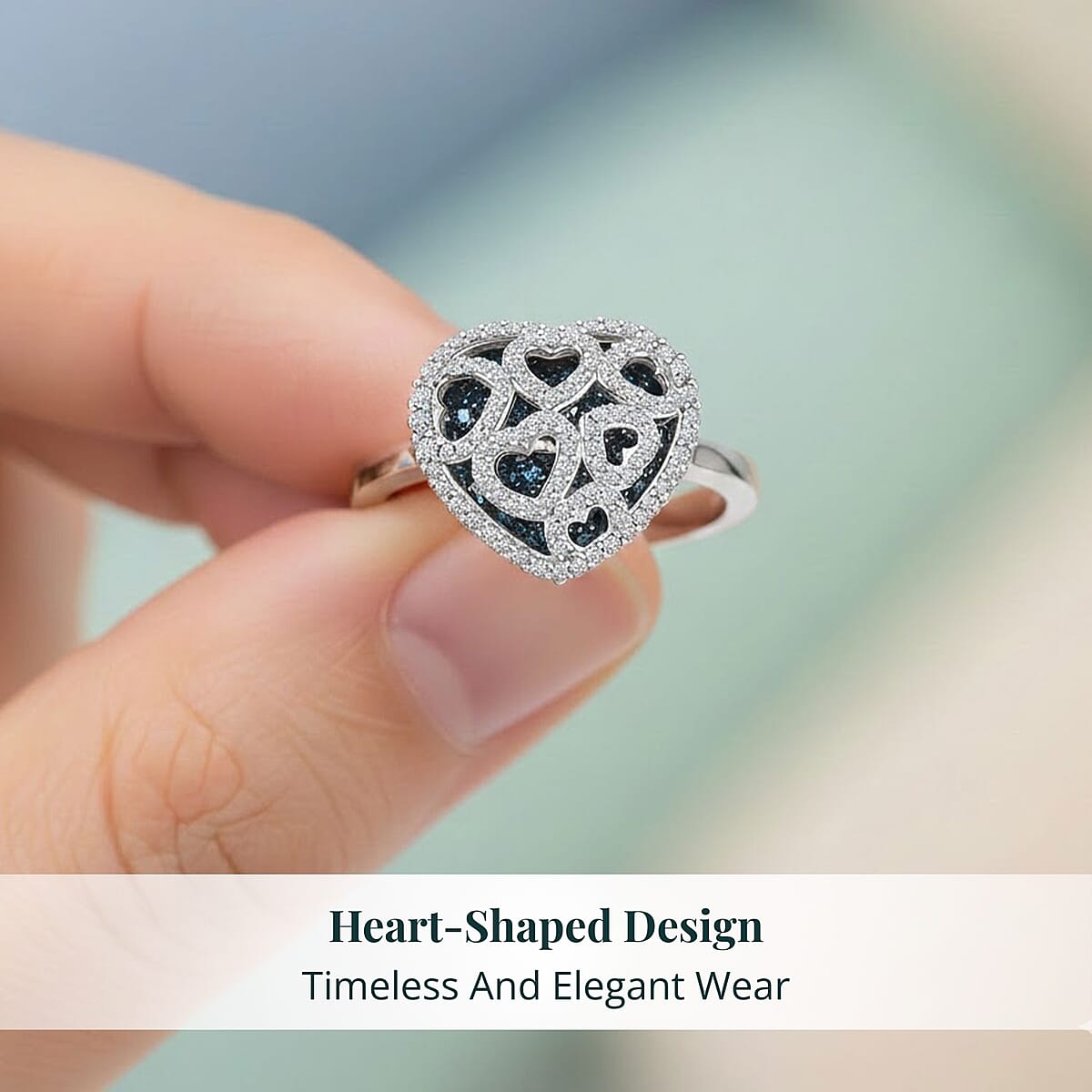 Luxuriant Lab Grown Blue Diamond (IR) and Lab Grown White Diamond (SI) 1.00 ctw Matrix Heart Ring in Rhodium Over Sterling Silver (Size 9.0) image number 5