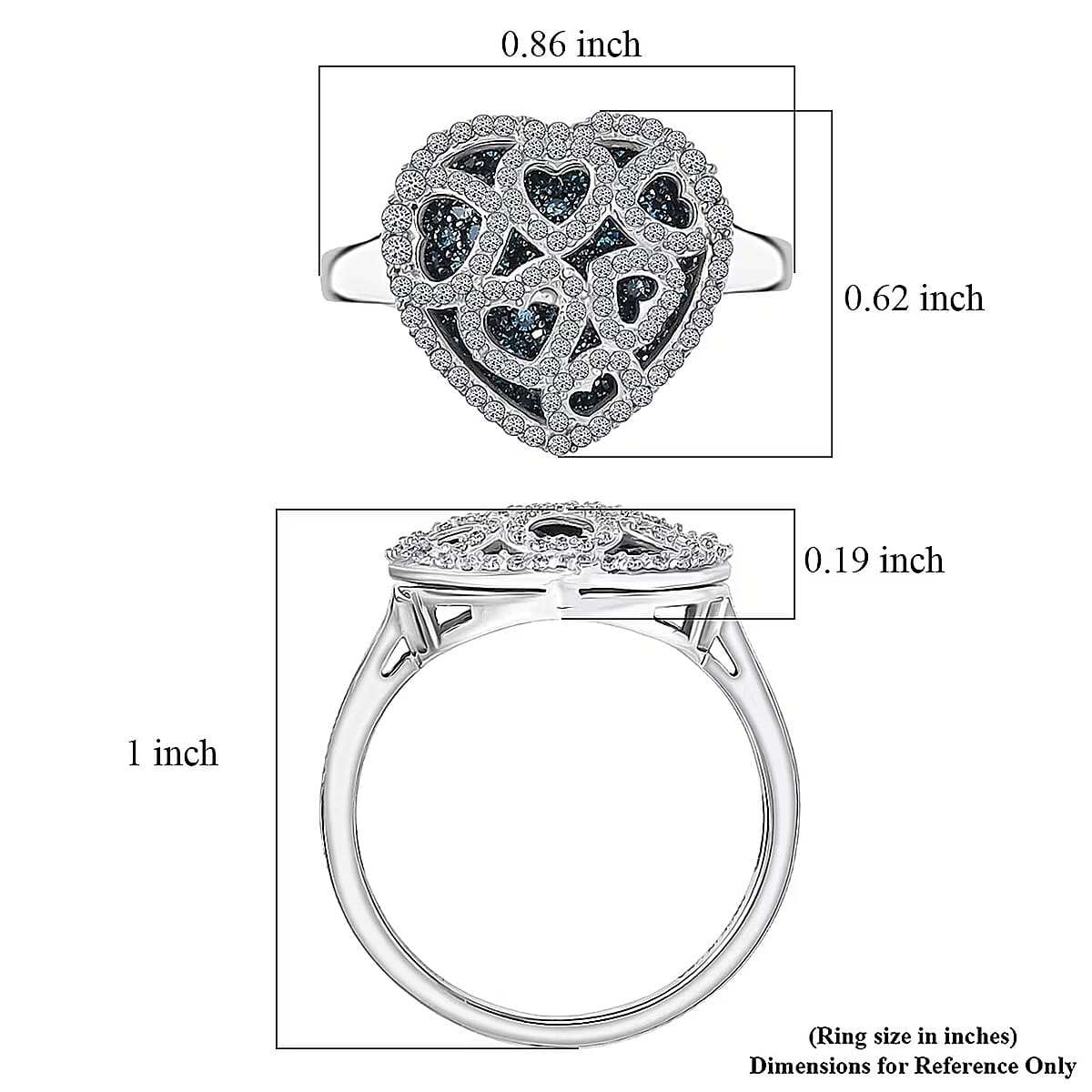Luxuriant Lab Grown Blue Diamond (IR) and Lab Grown White Diamond (SI) 1.00 ctw Matrix Heart Ring in Rhodium Over Sterling Silver (Size 9.0) image number 6