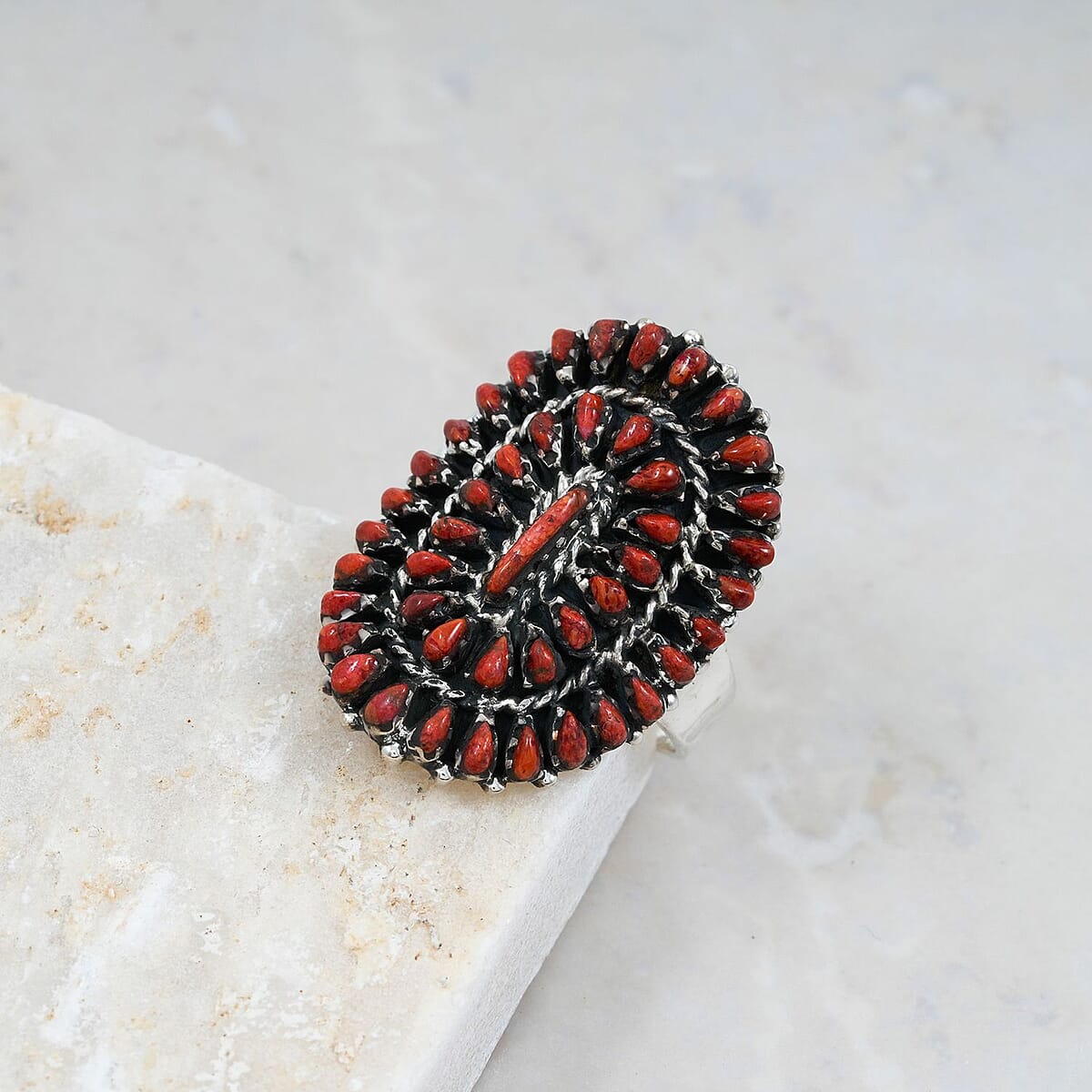 Santa Fe Style Red Coral Ring in Sterling Silver (Size 10.0) 4.40 ctw image number 1