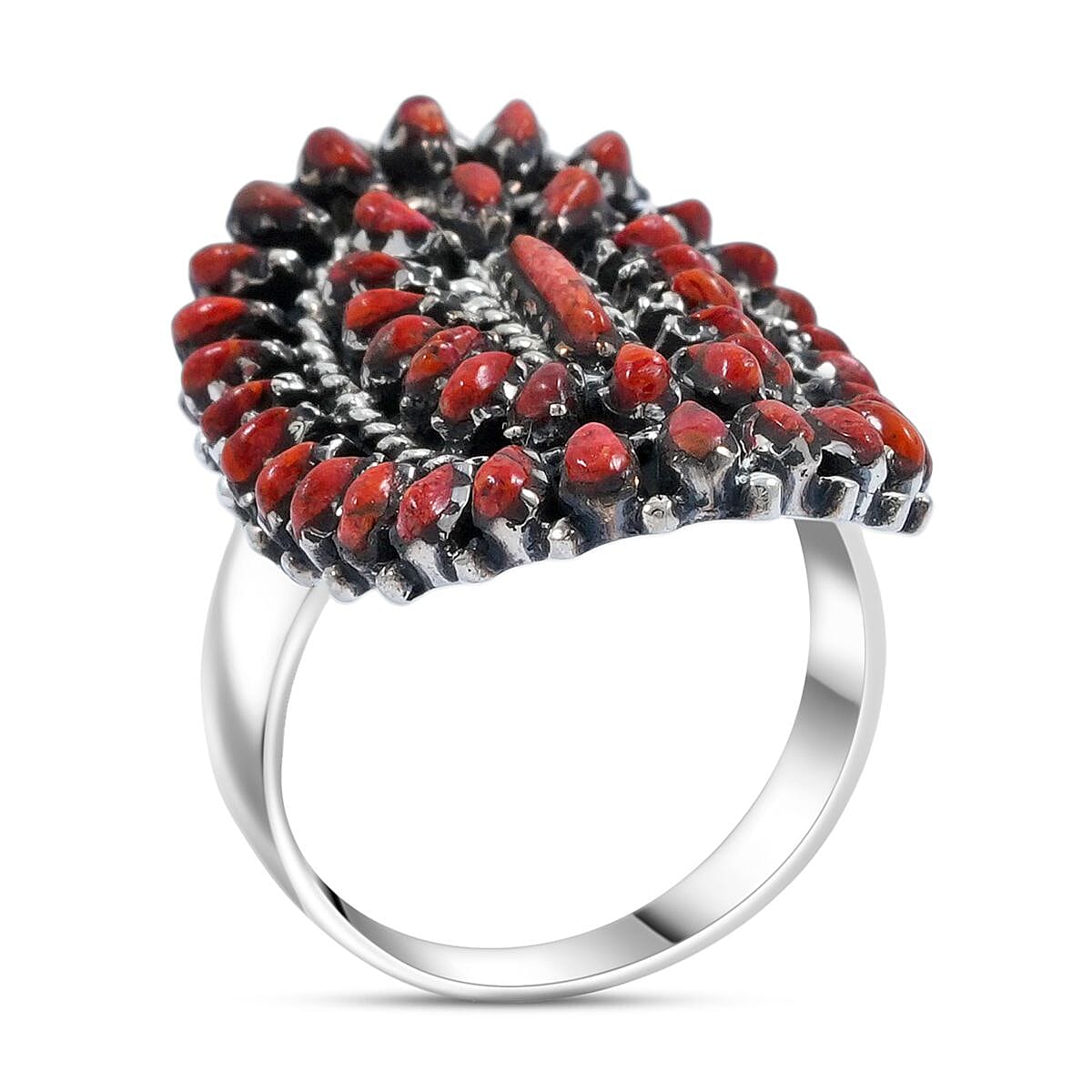 Santa Fe Style Red Coral Ring in Sterling Silver (Size 10.0) 4.40 ctw image number 3