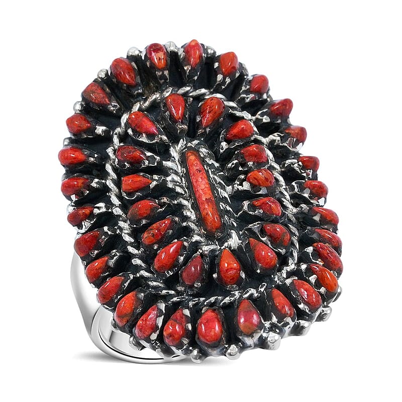 Santa Fe Style Red Coral Ring in Sterling Silver (Size 8.0) 4.40 ctw
