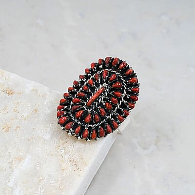 Santa Fe Style Red Coral Ring in Sterling Silver (Size 8.0) 4.40 ctw