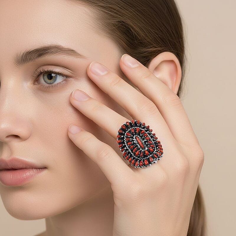 Santa Fe Style Red Coral Ring in Sterling Silver (Size 8.0) 4.40 ctw