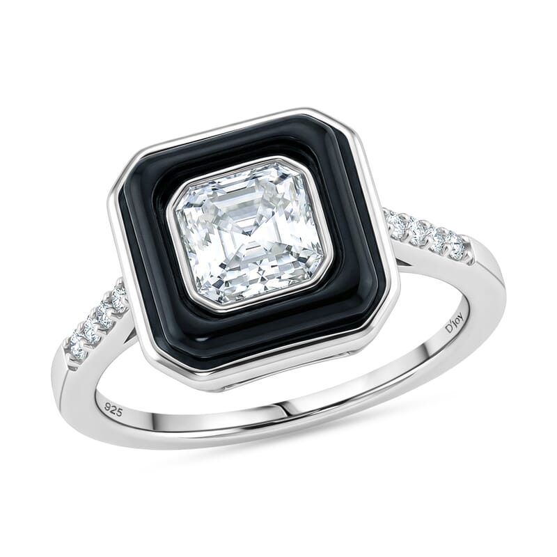 D'Joy Asscher Cut Moissanite and Black Jade (D) 3.10 ctw Midnight Spark Ring in Rhodium Over Sterling Silver (Size 10.0)