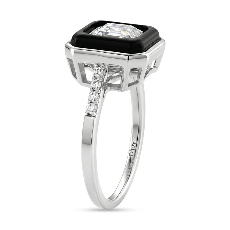 D'Joy Asscher Cut Moissanite and Black Jade (D) 3.10 ctw Midnight Spark Ring in Rhodium Over Sterling Silver (Size 10.0)