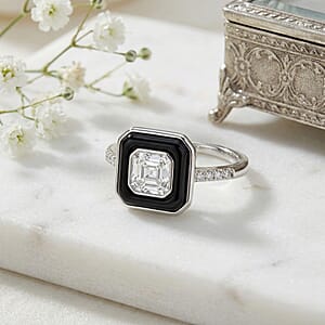D'Joy Asscher Cut Moissanite and Black Jade (D) 3.65 ctw Midnight Spark Ring in Rhodium Over Sterling Silver (Size 6.0)