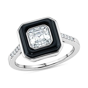 D'Joy Asscher Cut Moissanite and Black Jade (D) 3.65 ctw Midnight Spark Ring in Rhodium Over Sterling Silver (Size 7.0)