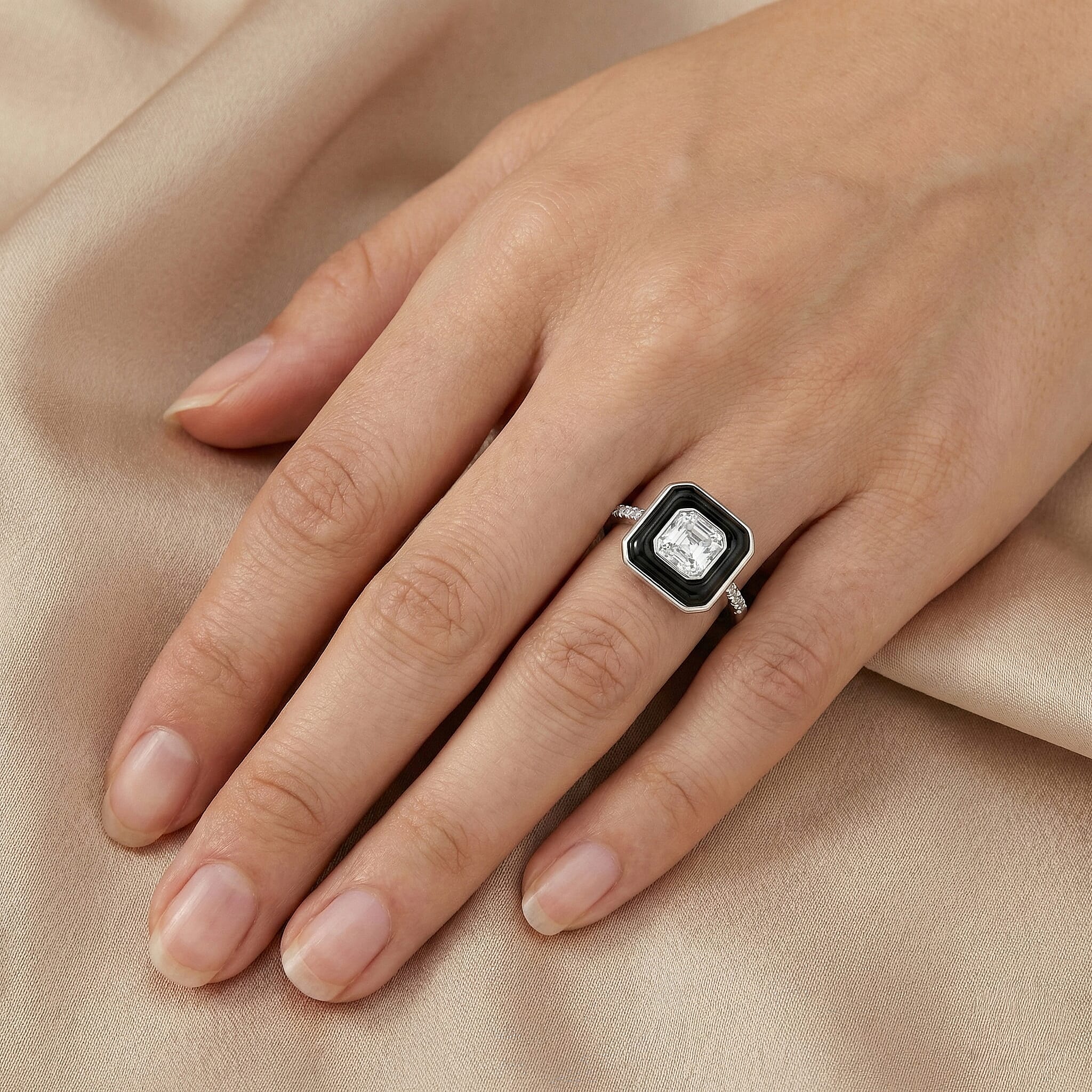 D'Joy Asscher Cut Moissanite and Black Jade (D) 3.65 ctw Midnight Spark Ring in Rhodium Over Sterling Silver (Size 7.0)