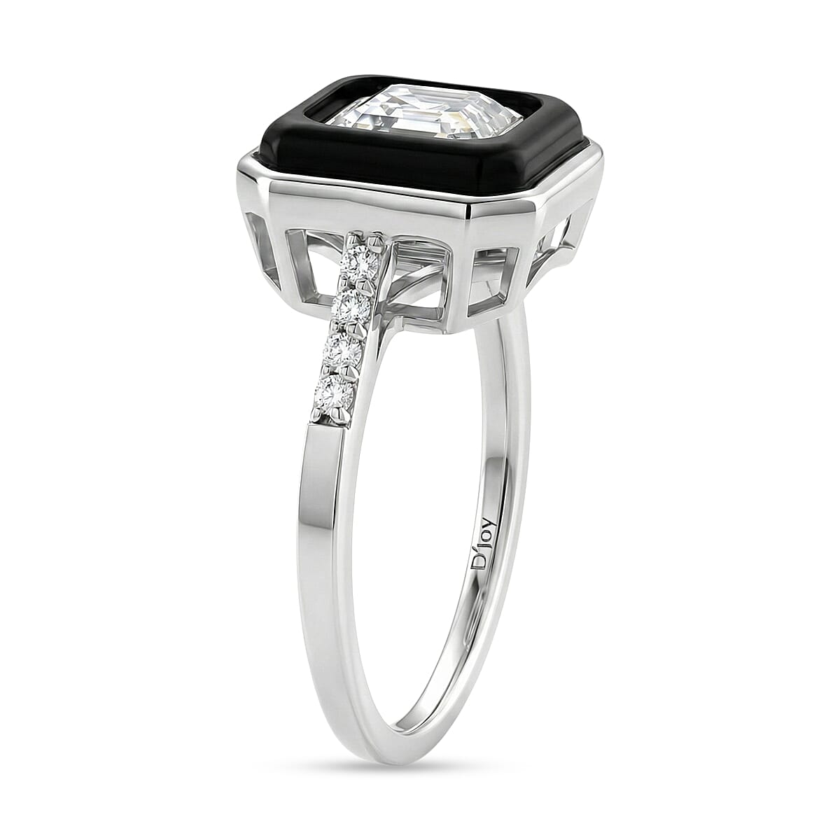 D'Joy Asscher Cut Moissanite and Black Jade (D) 3.65 ctw Midnight Spark Ring in Rhodium Over Sterling Silver (Size 7.0)