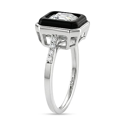 D'Joy Asscher Cut Moissanite and Black Jade (D) 3.65 ctw Midnight Spark Ring in Rhodium Over Sterling Silver (Size 7.0)