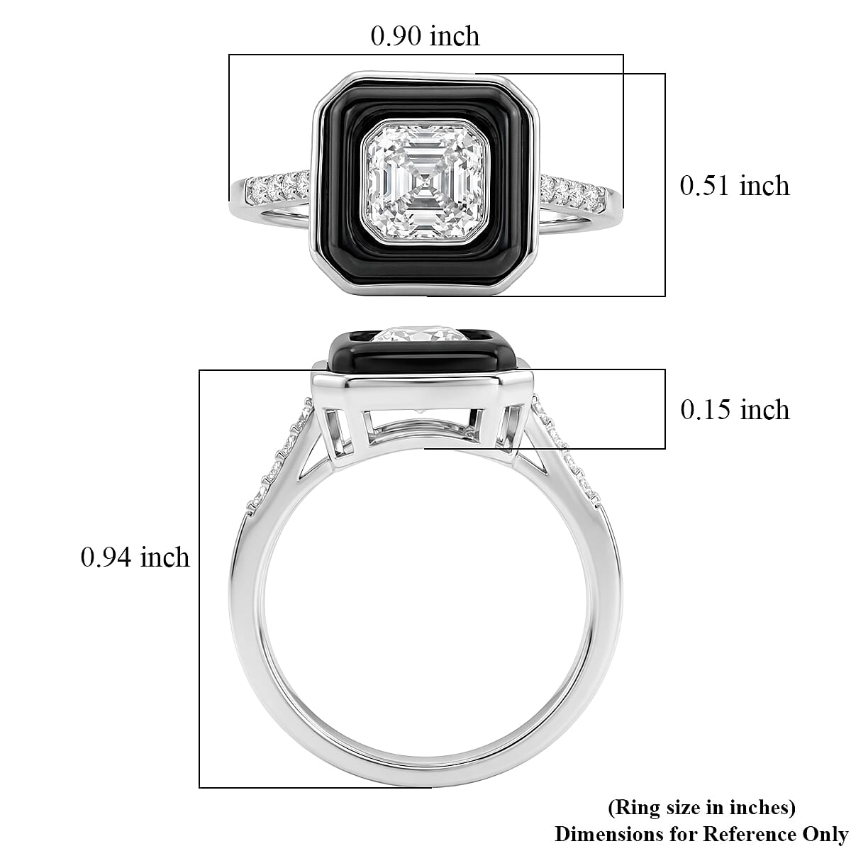 D'Joy Asscher Cut Moissanite and Black Jade (D) 3.65 ctw Midnight Spark Ring in Rhodium Over Sterling Silver (Size 7.0)