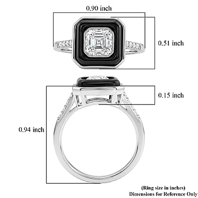 D'Joy Asscher Cut Moissanite and Black Jade (D) 3.65 ctw Midnight Spark Ring in Rhodium Over Sterling Silver (Size 7.0)
