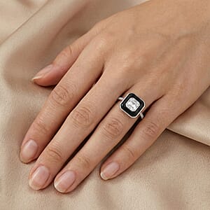 D'Joy Asscher Cut Moissanite and Black Jade (D) 3.65 ctw Midnight Spark Ring in Rhodium Over Sterling Silver (Size 9.0)