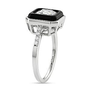 D'Joy Asscher Cut Moissanite and Black Jade (D) 3.65 ctw Midnight Spark Ring in Rhodium Over Sterling Silver (Size 9.0)