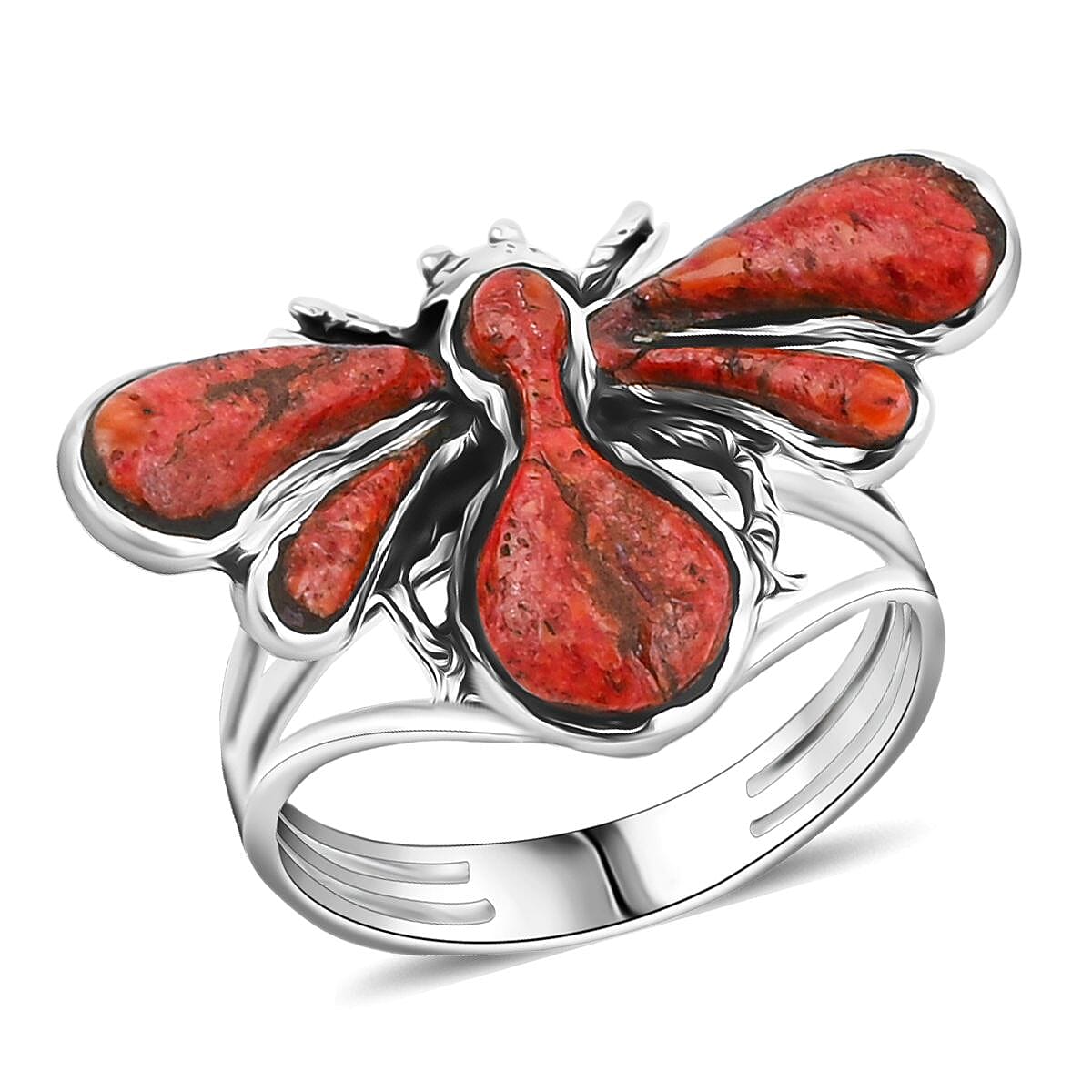 Santa Fe Style Red Coral Dragonfly Ring in Sterling Silver (Size 11.0) 1.25 ctw