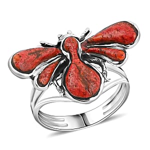 Santa Fe Style Red Coral Dragonfly Ring in Sterling Silver (Size 11.0) 1.25 ctw