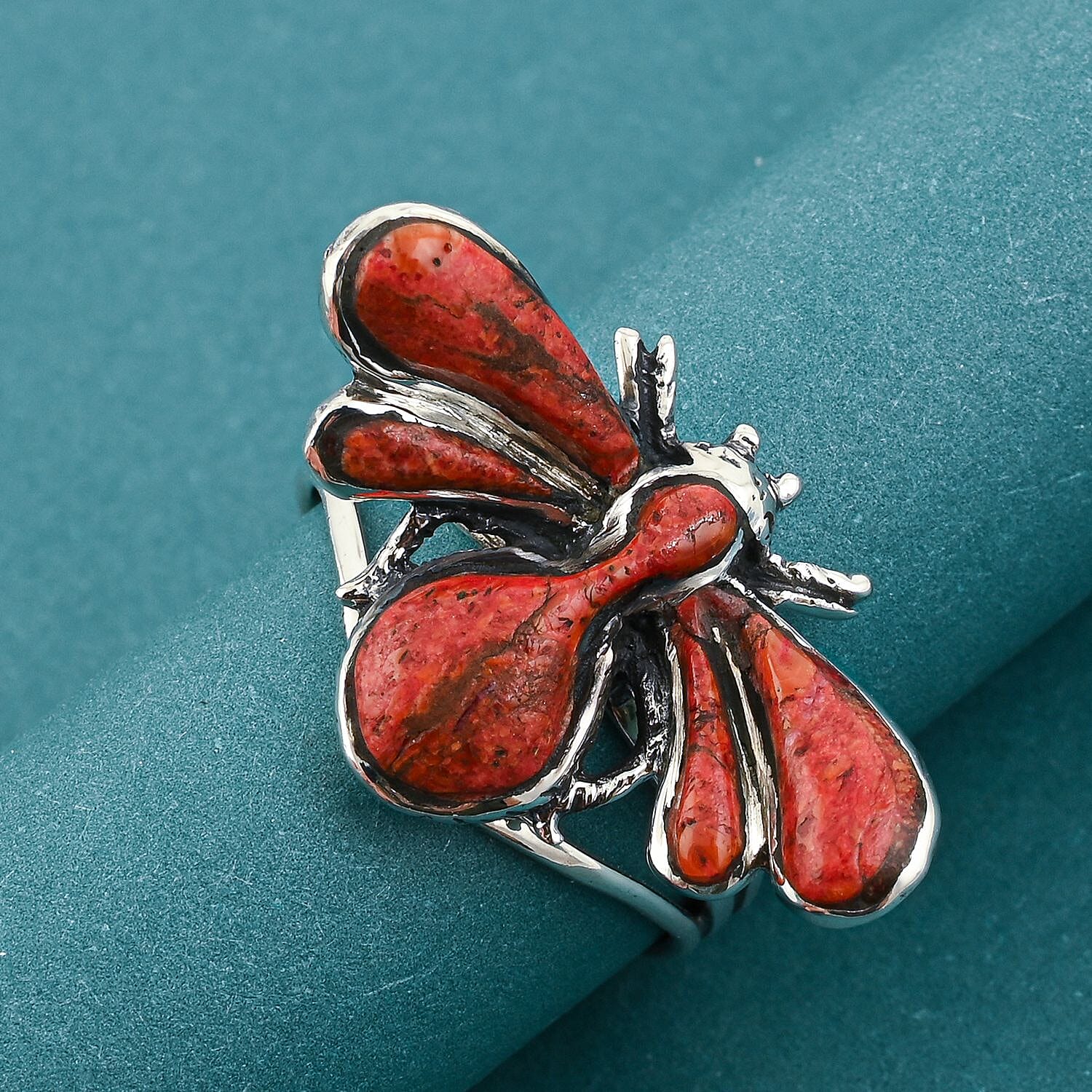 Santa Fe Style Red Coral Dragonfly Ring in Sterling Silver (Size 11.0) 1.25 ctw
