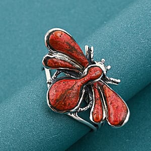 Santa Fe Style Red Coral Dragonfly Ring in Sterling Silver (Size 11.0) 1.25 ctw