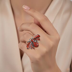 Santa Fe Style Red Coral Dragonfly Ring in Sterling Silver (Size 11.0) 1.25 ctw