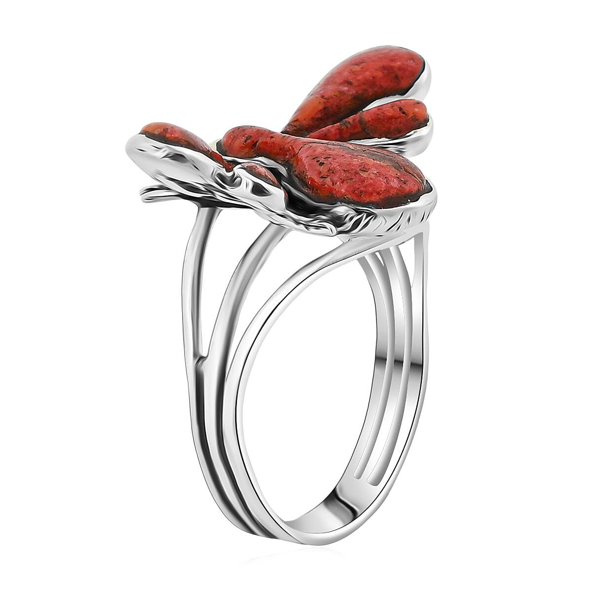 Santa Fe Style Red Coral Dragonfly Ring in Sterling Silver (Size 11.0) 1.25 ctw image number 3