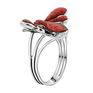 Santa Fe Style Red Coral Dragonfly Ring in Sterling Silver (Size 8.0) 1.25 ctw