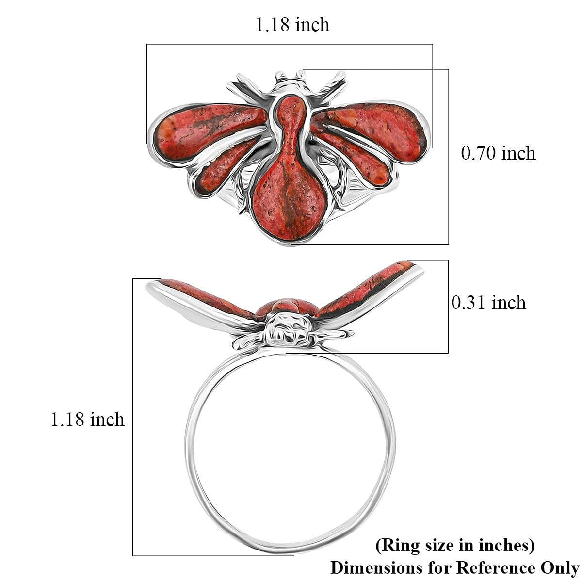 Santa Fe Style Red Coral Dragonfly Ring in Sterling Silver (Size 8.0) 1.25 ctw image number 4