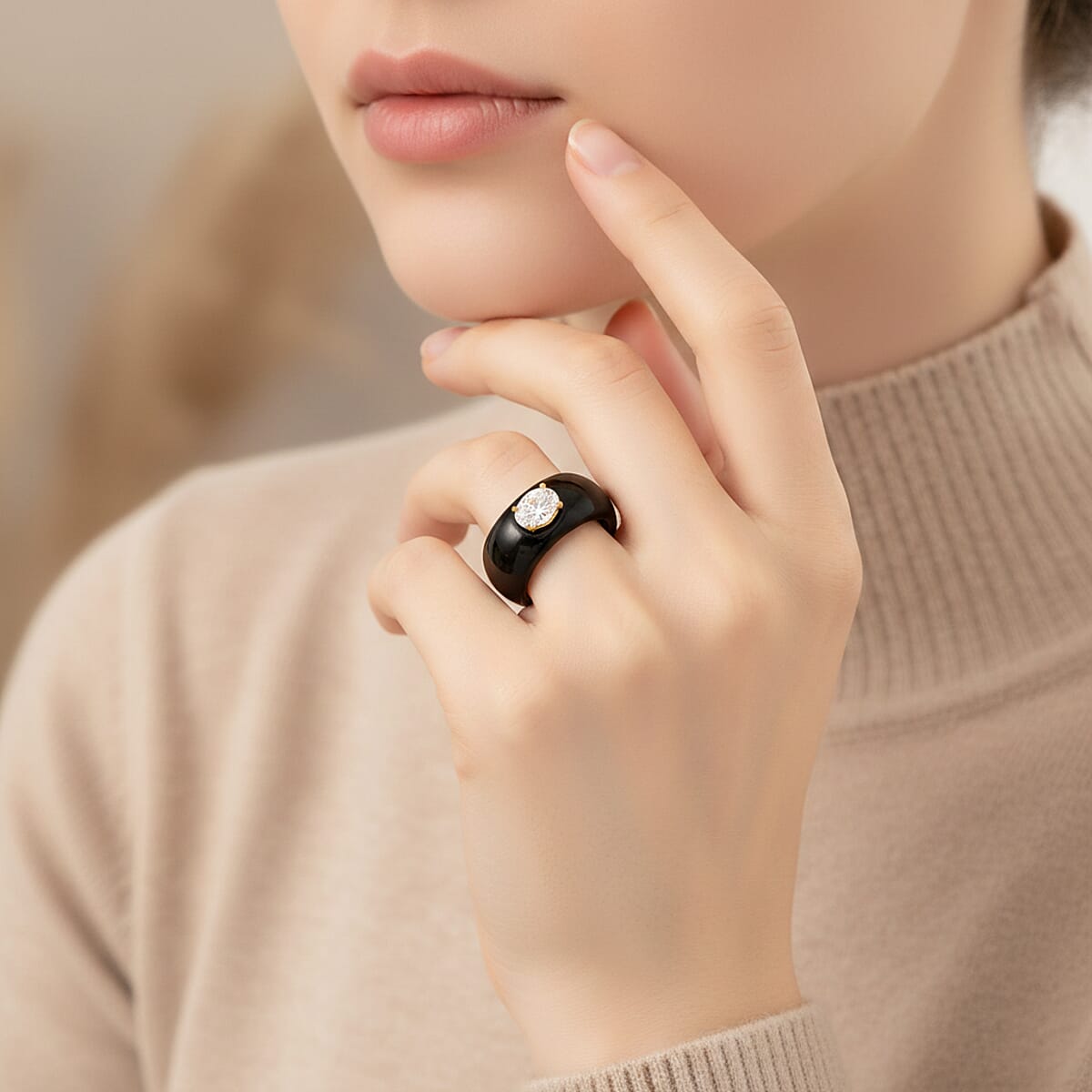 Moissanite and Black Jade 39.65 ctw Band Ring in 18K Vermeil Yellow Gold Over Sterling Silver (Size 5.0) image number 2