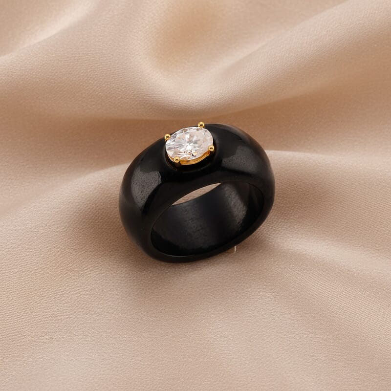 Moissanite and Black Jade 39.65 ctw Band Ring in 18K Vermeil Yellow Gold Over Sterling Silver (Size 6.0)