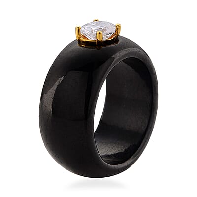 Moissanite and Black Jade 39.65 ctw Band Ring in 18K Vermeil Yellow Gold Over Sterling Silver (Size 6.0)