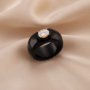 Moissanite and Black Jade 39.65 ctw Band Ring in 18K Vermeil Yellow Gold Over Sterling Silver (Size 7.0)