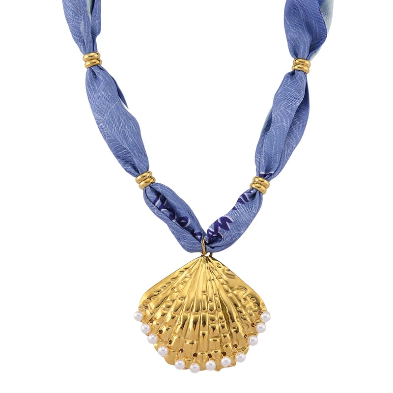 Simulated Pearl Silk Cord Necklace with Seashell Charm in ION Plated YG Stainless Steel (20 Inches)