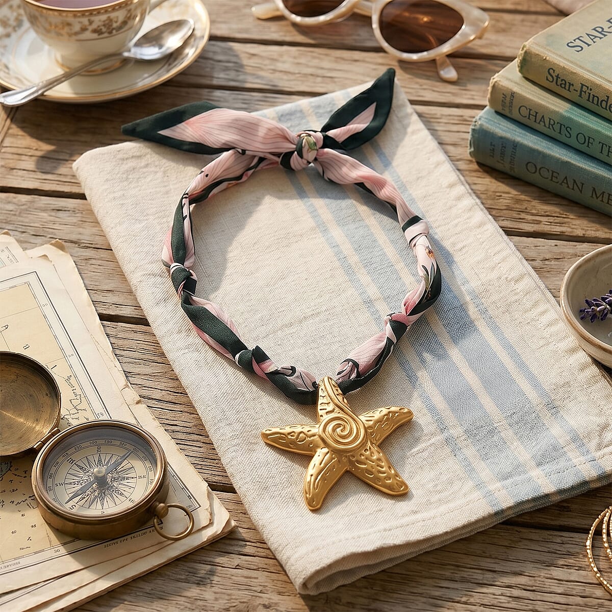 Silk Cord Necklace with Starfish Charm in ION Plated YG Stainless Steel (20 Inches) image number 1