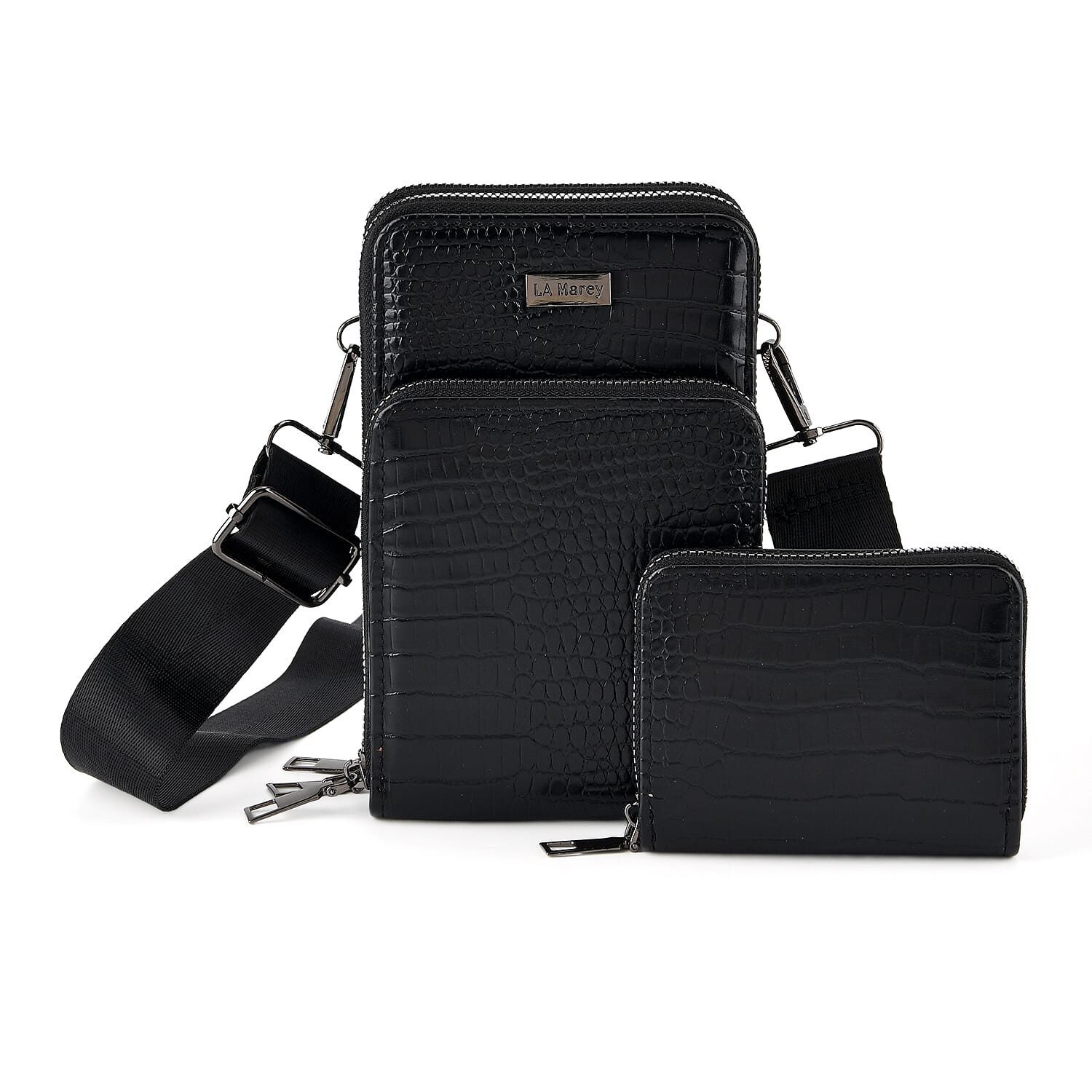 La Marey Black Faux Leather Crocodile Pattern Phone Bag (6.69"x4.33"x2.76") with Woven Strap