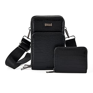 La Marey Black Faux Leather Crocodile Pattern Phone Bag with Woven Strap
