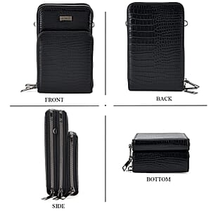 La Marey Black Faux Leather Crocodile Pattern Phone Bag with Woven Strap