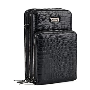 La Marey Black Faux Leather Crocodile Pattern Phone Bag with Woven Strap