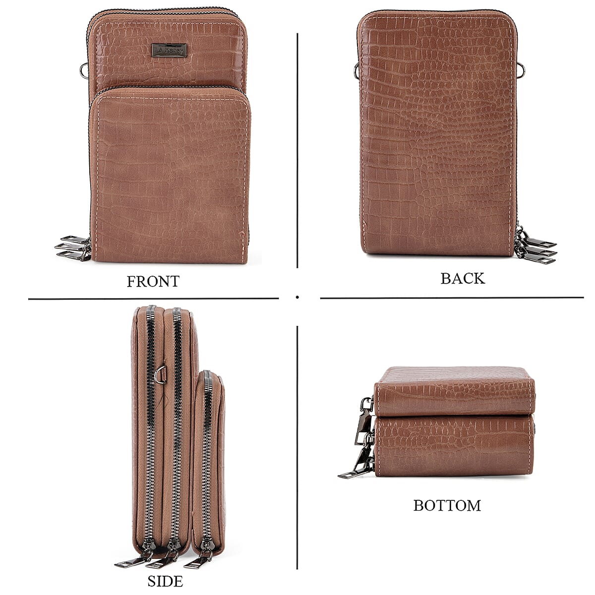 La Marey Dark Brown Faux Leather Crocodile Pattern Phone Bag with Woven Strap image number 1