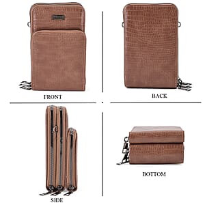 La Marey Dark Brown Faux Leather Crocodile Pattern Phone Bag with Woven Strap