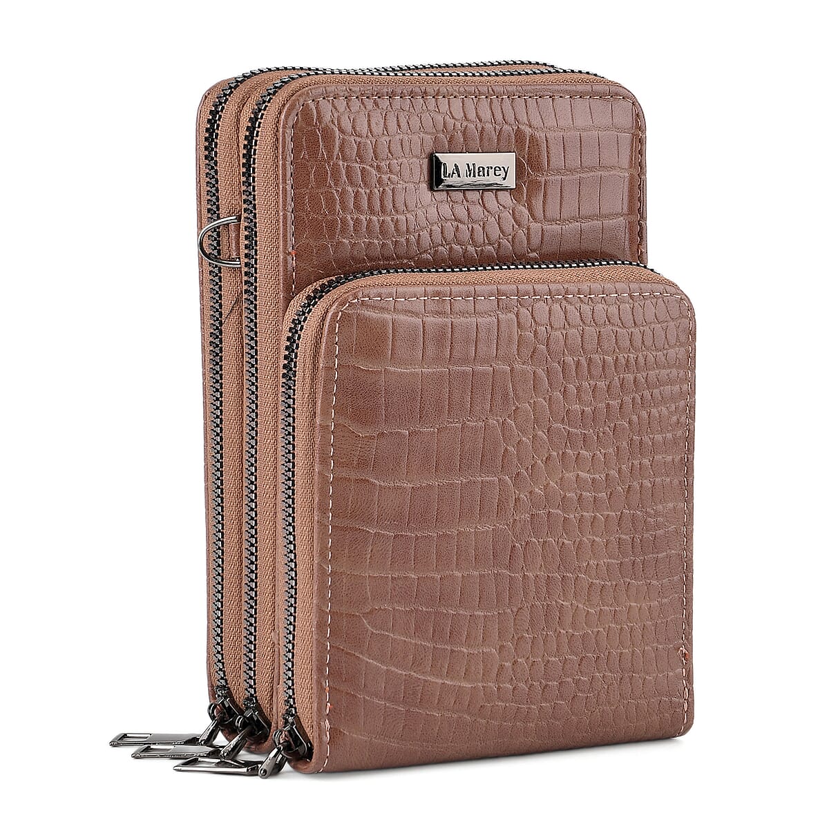 La Marey Dark Brown Faux Leather Crocodile Pattern Phone Bag with Woven Strap image number 3