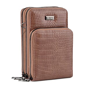 La Marey Dark Brown Faux Leather Crocodile Pattern Phone Bag with Woven Strap