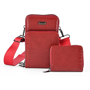 La Marey Red Faux Leather Crocodile Pattern Phone Bag with Woven Strap