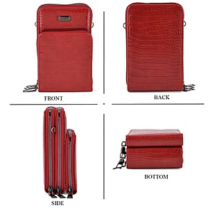 La Marey Red Faux Leather Crocodile Pattern Phone Bag with Woven Strap