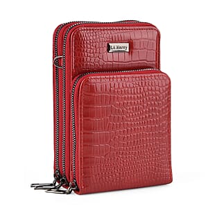 La Marey Red Faux Leather Crocodile Pattern Phone Bag with Woven Strap