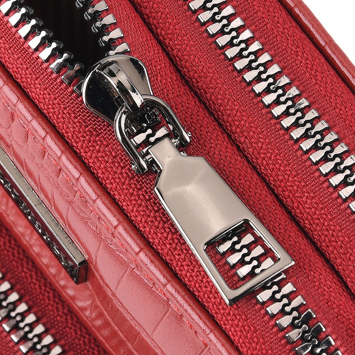 La Marey Red Faux Leather Crocodile Pattern Phone Bag with Woven Strap image number 6