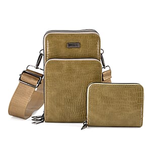 La Marey Dark Green Faux Leather Crocodile Pattern Phone Bag with Woven Strap