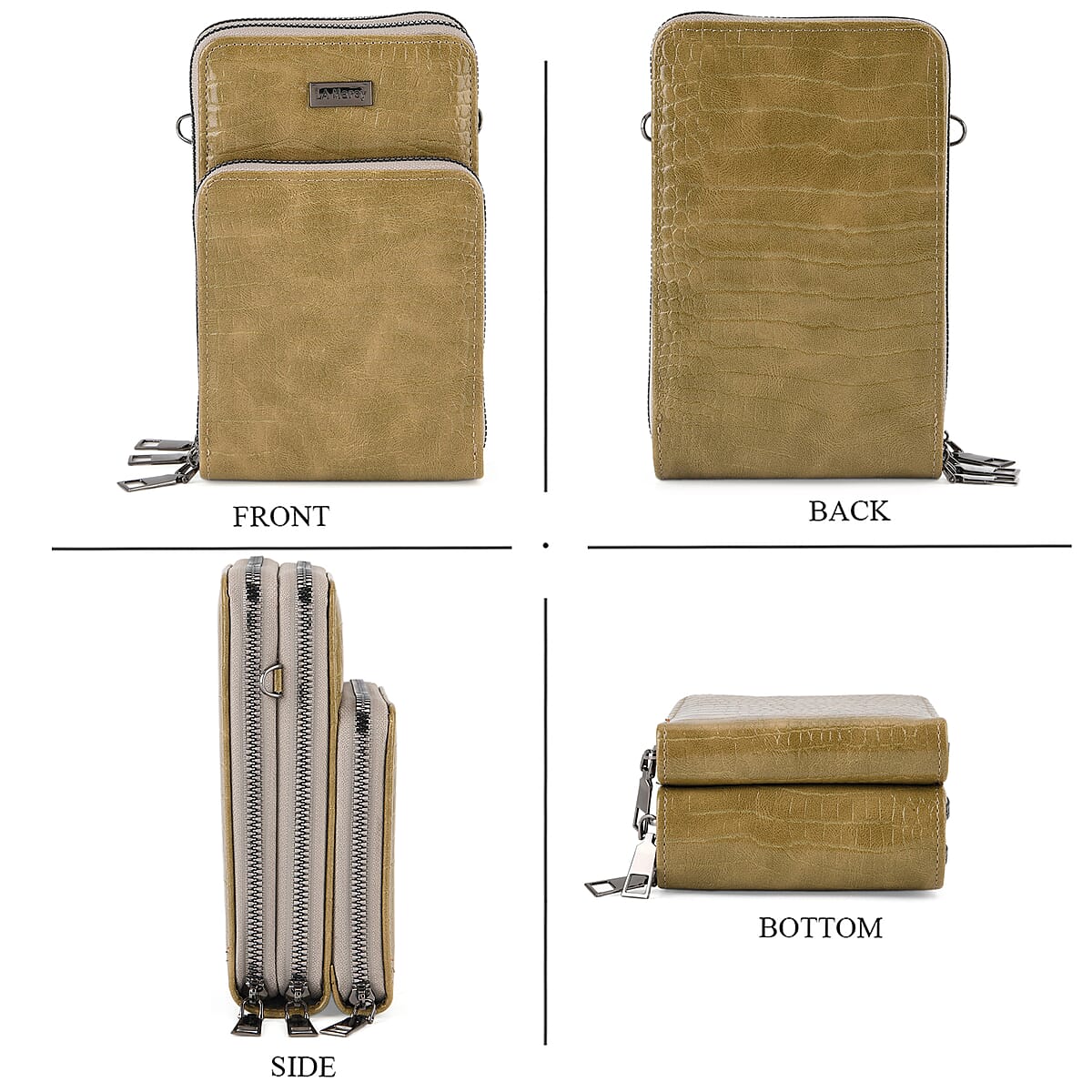 La Marey Dark Green Faux Leather Crocodile Pattern Phone Bag with Woven Strap image number 1