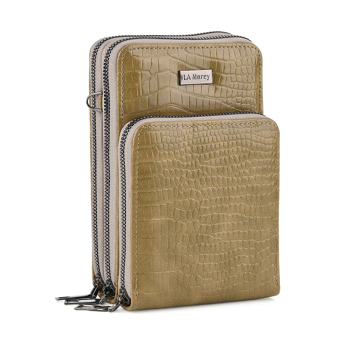 La Marey Dark Green Faux Leather Crocodile Pattern Phone Bag with Woven Strap image number 3