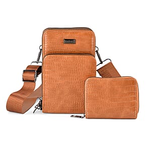 La Marey Coffee Faux Leather Crocodile Pattern Phone Bag with Woven Strap