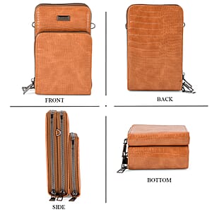 La Marey Coffee Faux Leather Crocodile Pattern Phone Bag with Woven Strap